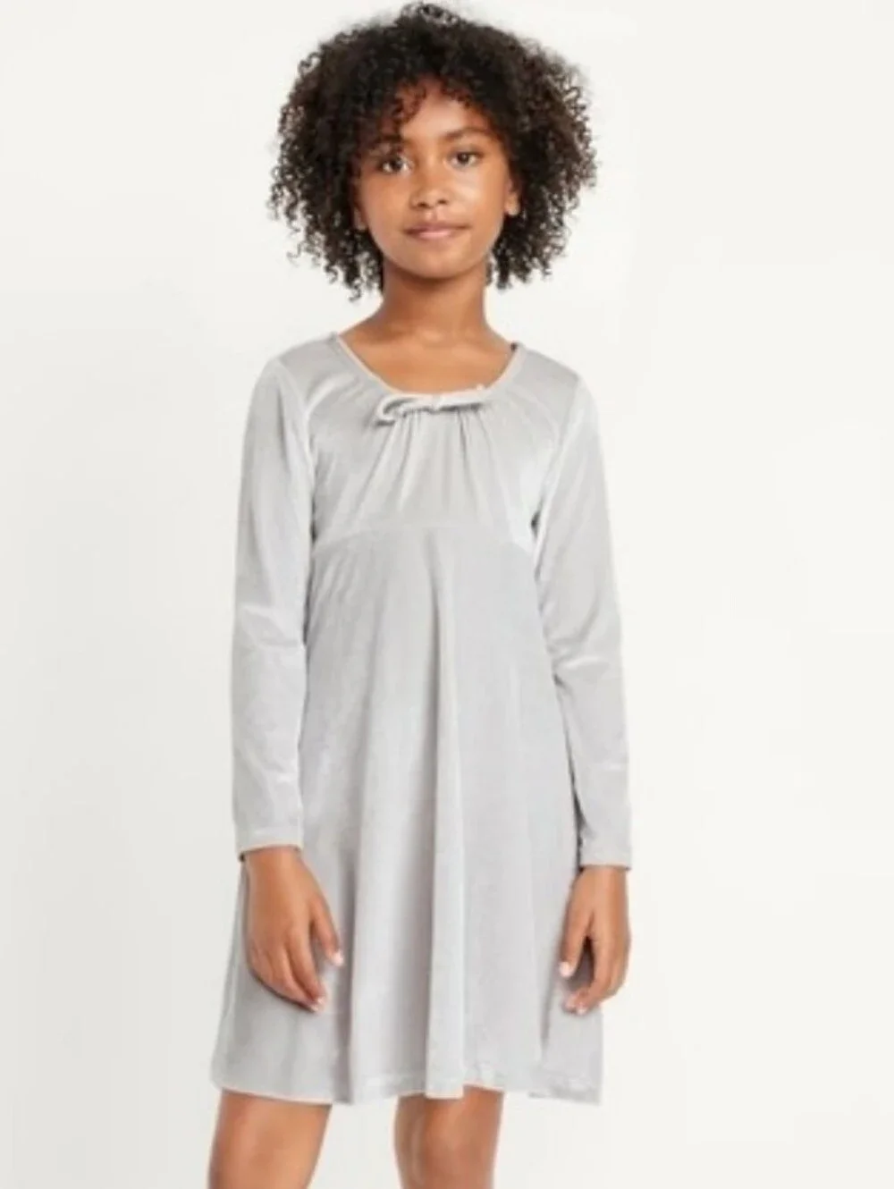Girls' Light Gray/silver Crushed Velvet Long Sleeve Dress
